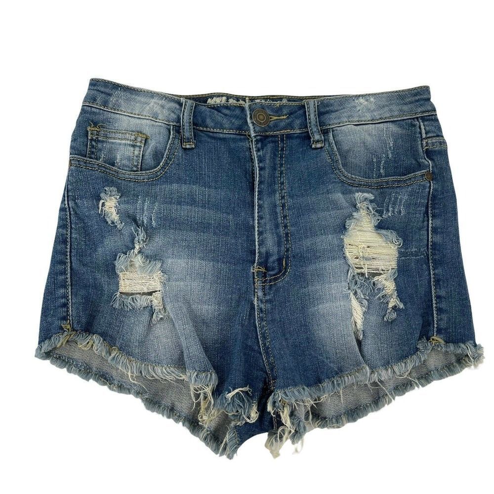 Machine Blue Jean Shorts Distressed Cut Off High Rise Stretch Denim Size Large